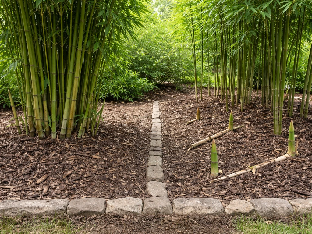 Garden bed showing two bamboo types: clumping crown spreading slowly and running bamboo shoots extending outward