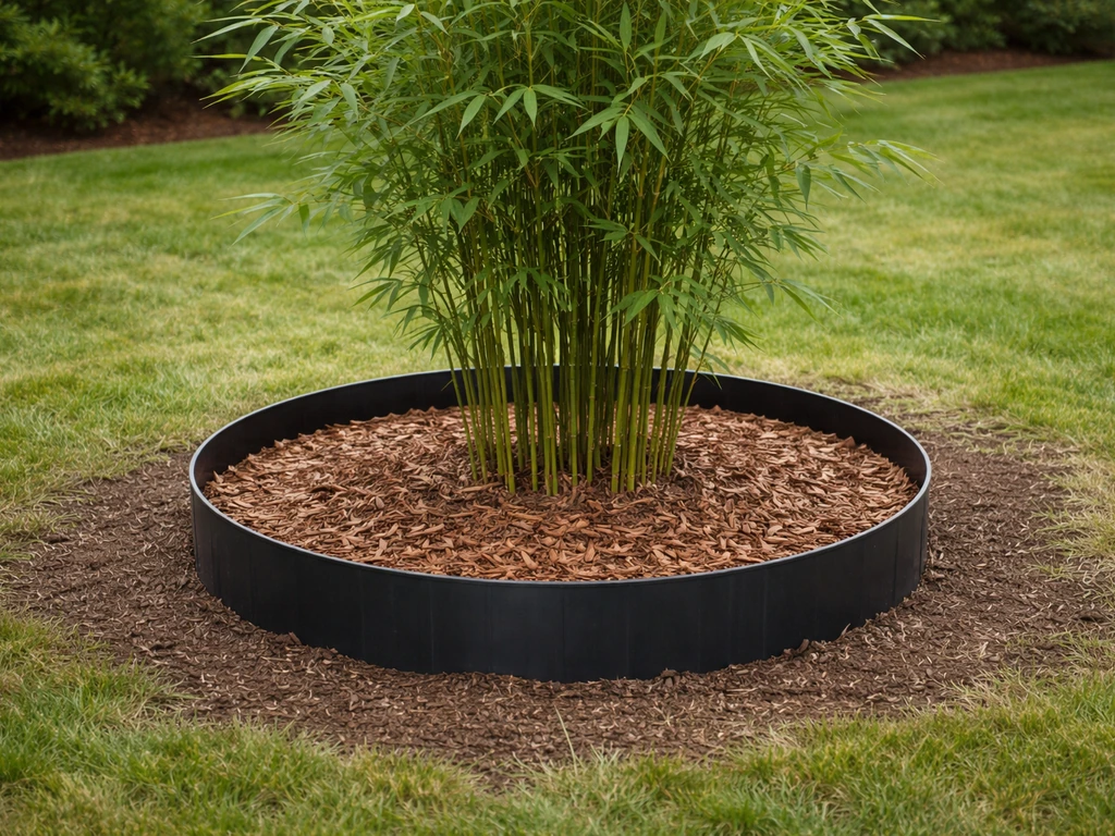 Running bamboo planted with a visible rhizome containment barrier around the root area.