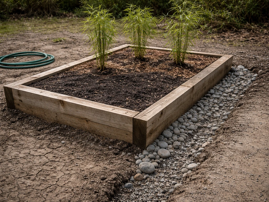 Raised planting bed with amended soil and visible drainage area beside heavy clay soil outdoors.