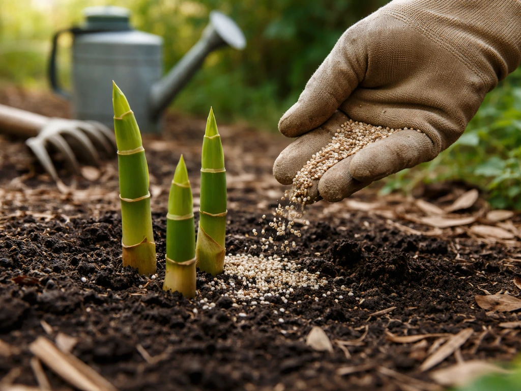 Hand applying nitrogen-rich granular fertilizer around fresh bamboo shoots in early spring soil