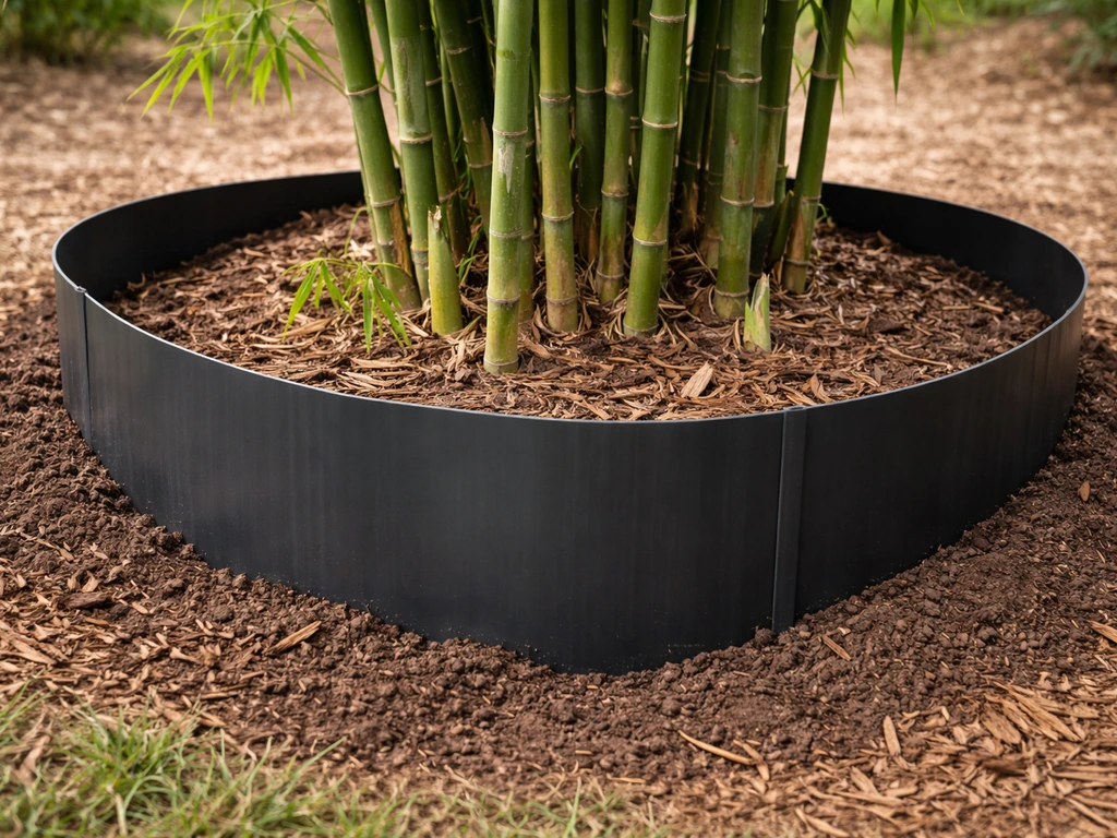 Garden bed with a high-density polyethylene rhizome barrier containing running bamboo