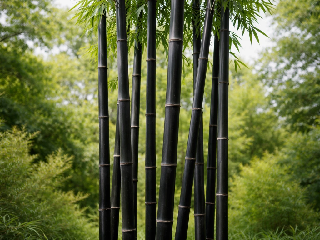 Full-height view of healthy black bamboo culms outdoors, showing mature height and deep black coloring