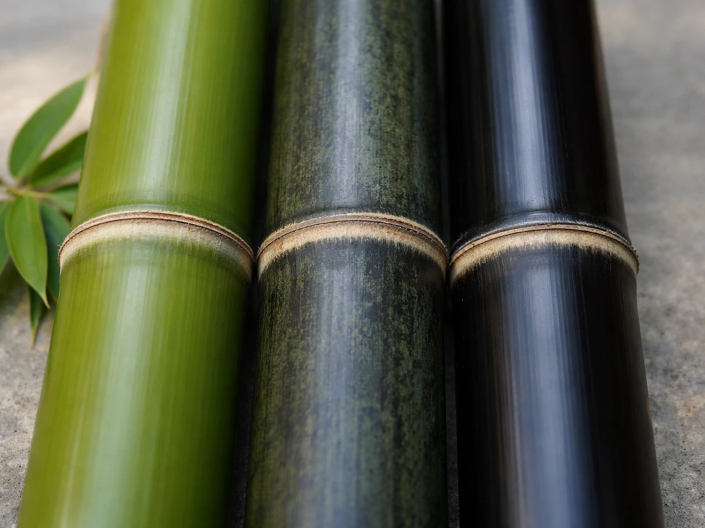 Close-up of green to deep black bamboo culm segments showing what black bamboo typically refers to.