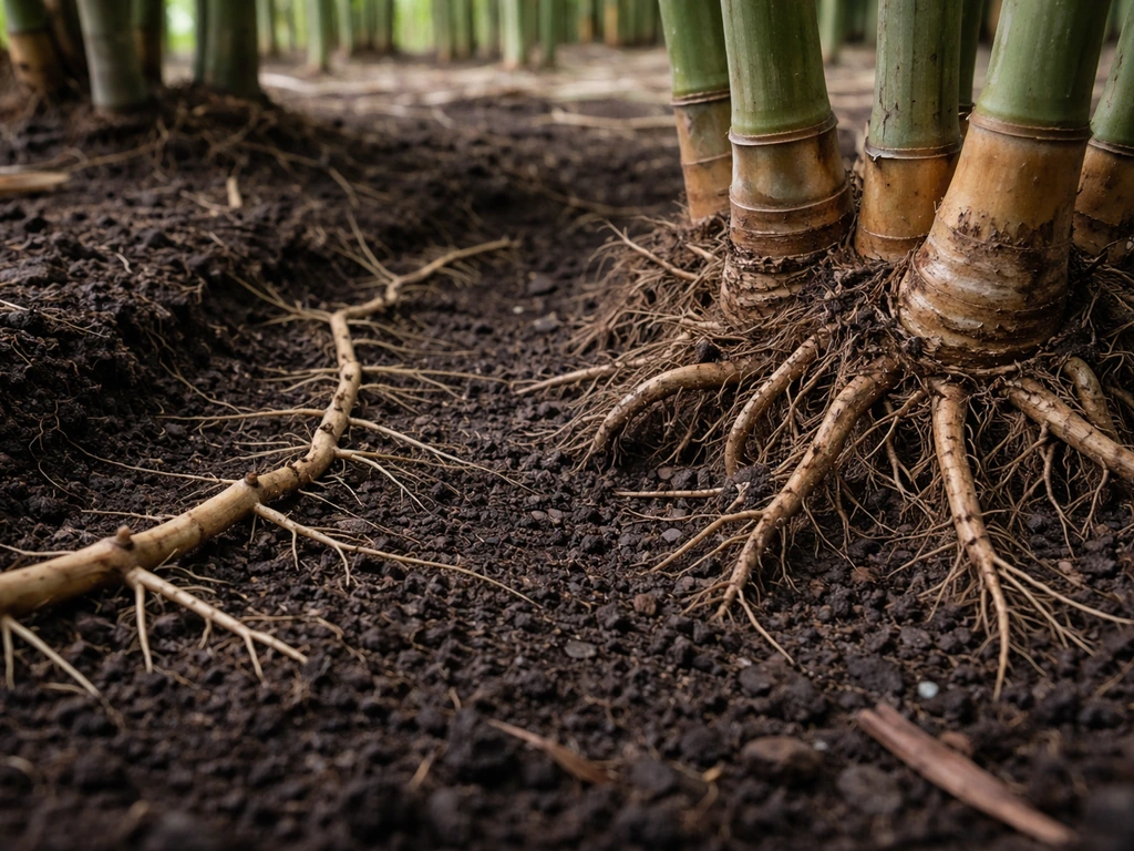 Ground-level view of bamboo rhizomes spreading underground versus clump-like clustered growth.