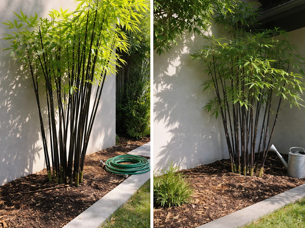 Split garden scene: black bamboo in full sun with dark culms vs shorter bamboo in a shadier corner.