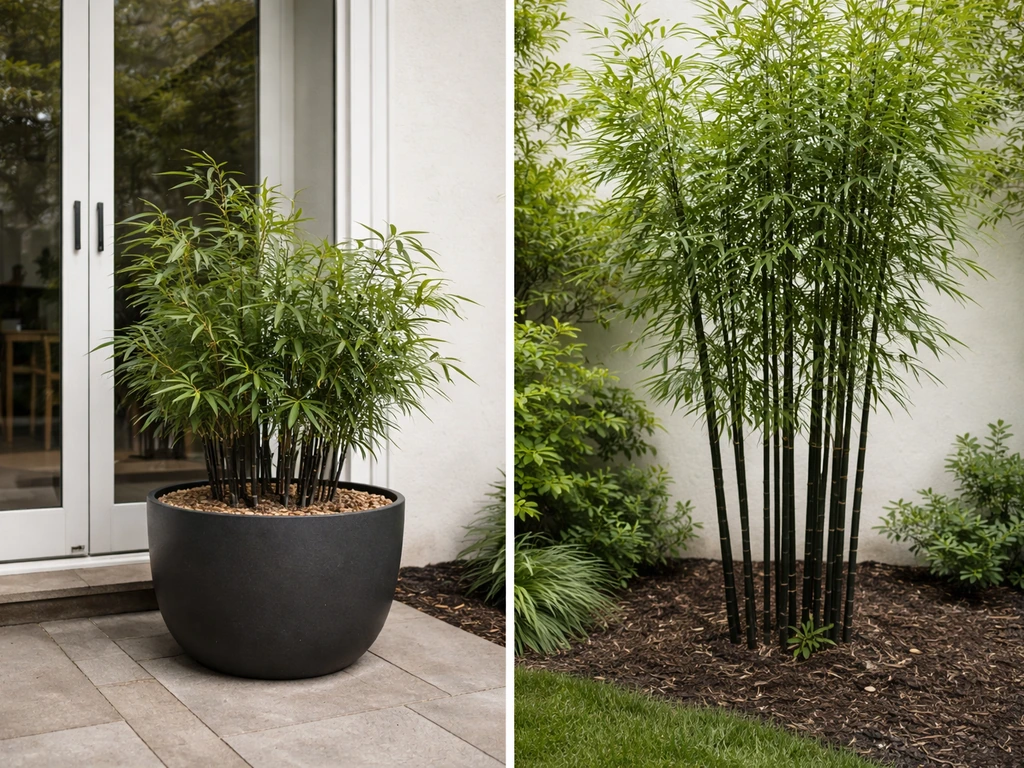 Short black bamboo in a visible pot beside taller black bamboo growing from ground soil.