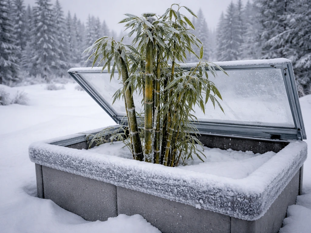 Cold-hardy bamboo culms emerging from an insulated bed beside snow in an Alaska winter landscape.