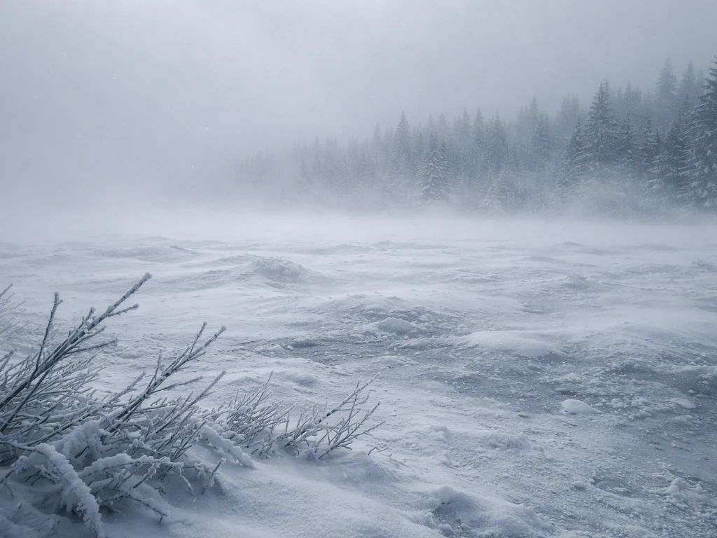 Wind-swept snowy Alaskan landscape with ice and low visibility showing harsh winter conditions.