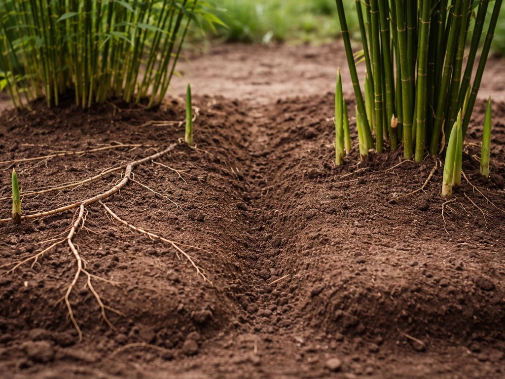 Two small bamboo plantings showing running rhizomes spreading outward vs clumping rhizomes staying tight.