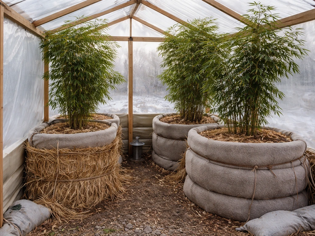 Bamboo in insulated containers inside a small plastic greenhouse for overwintering in winter.