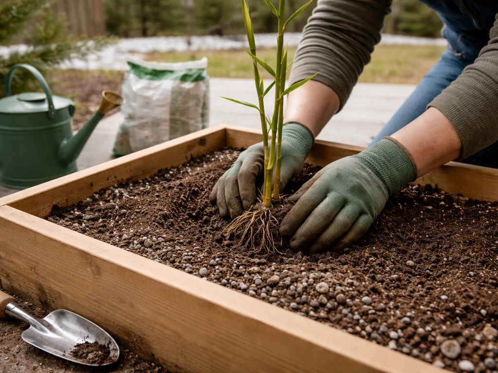 Gloved hands placing a young bamboo into a well-draining planter with loose soil and drainage stones.