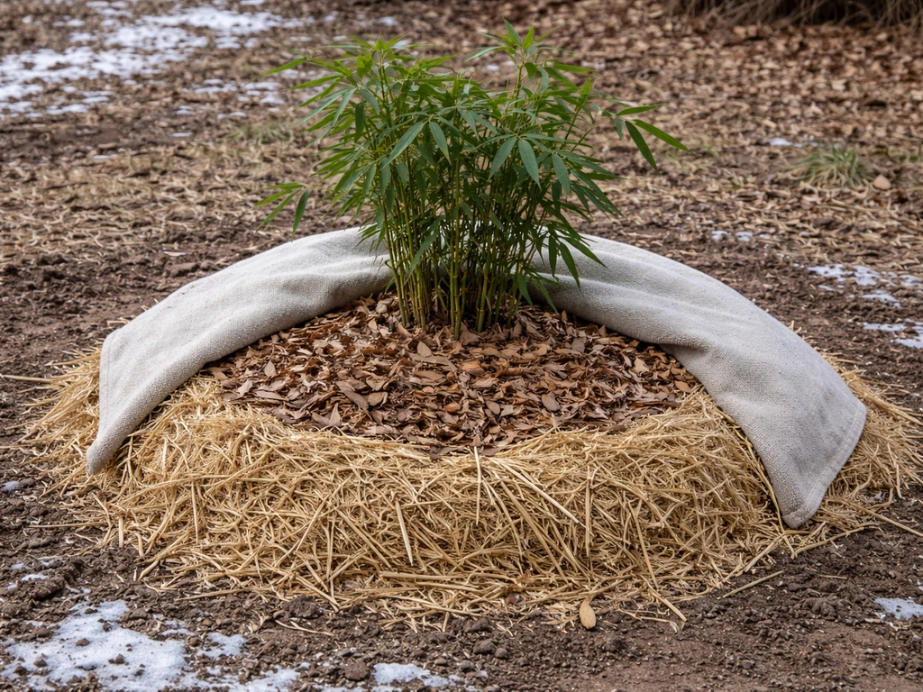 Close view of winter-mulched bamboo base with thick insulation layer and light snow dusting