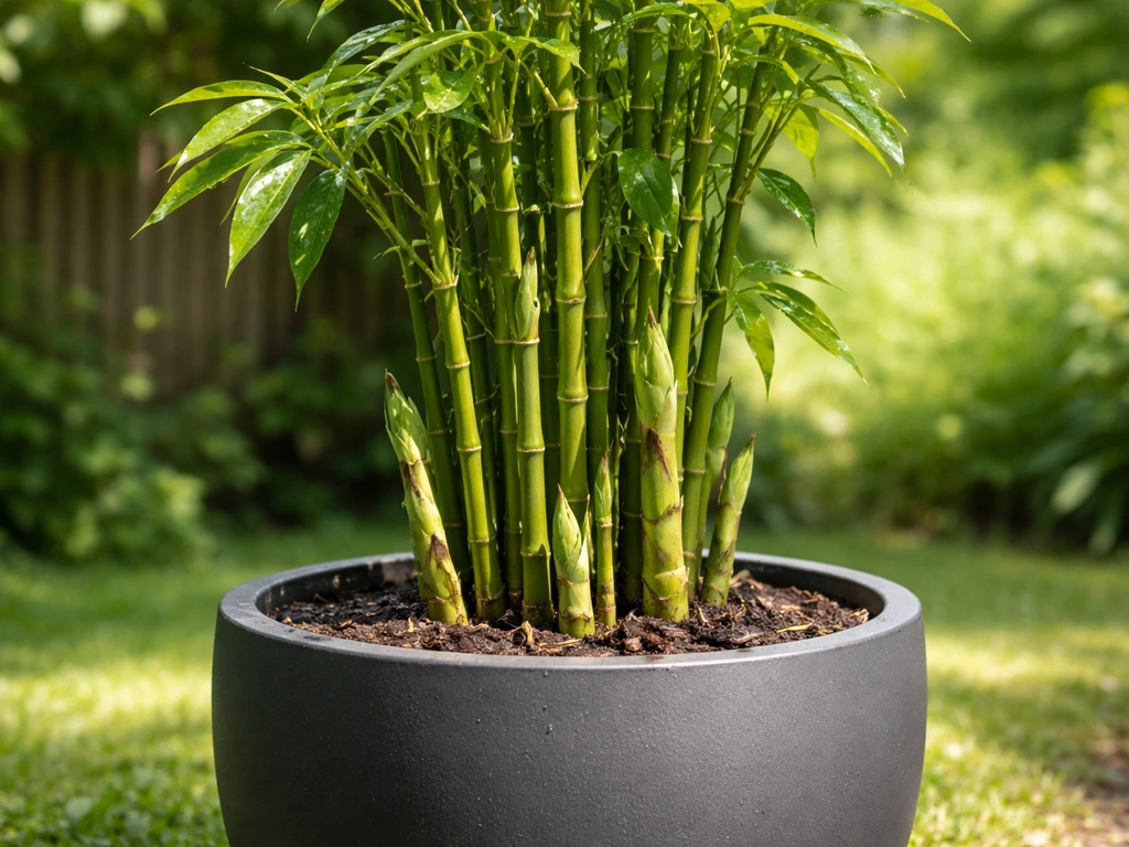 Fresh green bamboo culms shooting up from a large outdoor pot in bright natural light