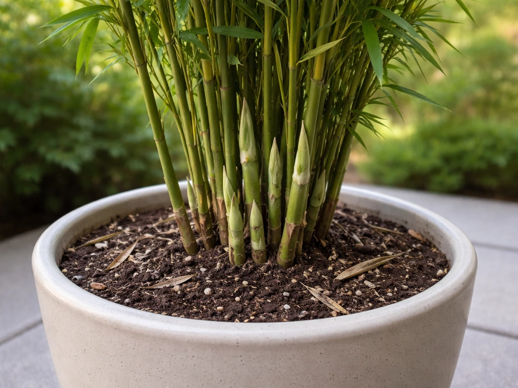 Potted clumping bamboo with fresh new culms emerging from the center of the plant.