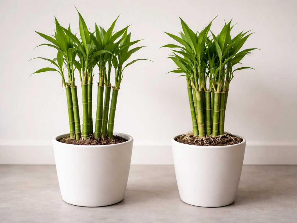 Two potted bamboos side-by-side: one in a roomy pot, one in a cramped pot with constrained roots.