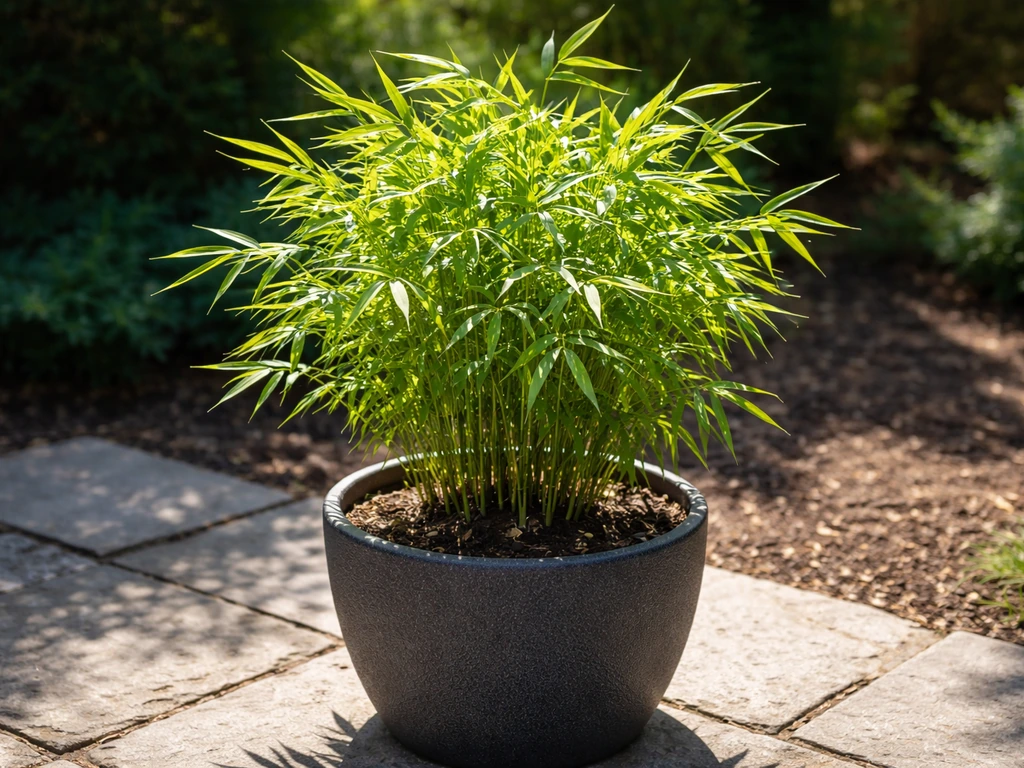 Outdoor pot with fast-growing bamboo-like leaves in strong direct sunlight with visible sun rays.