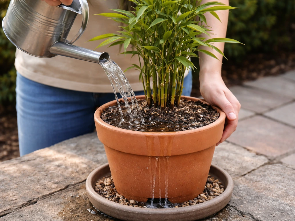 Person watering a potted bamboo in well-draining soil; water drips from the pot into a gravel tray.