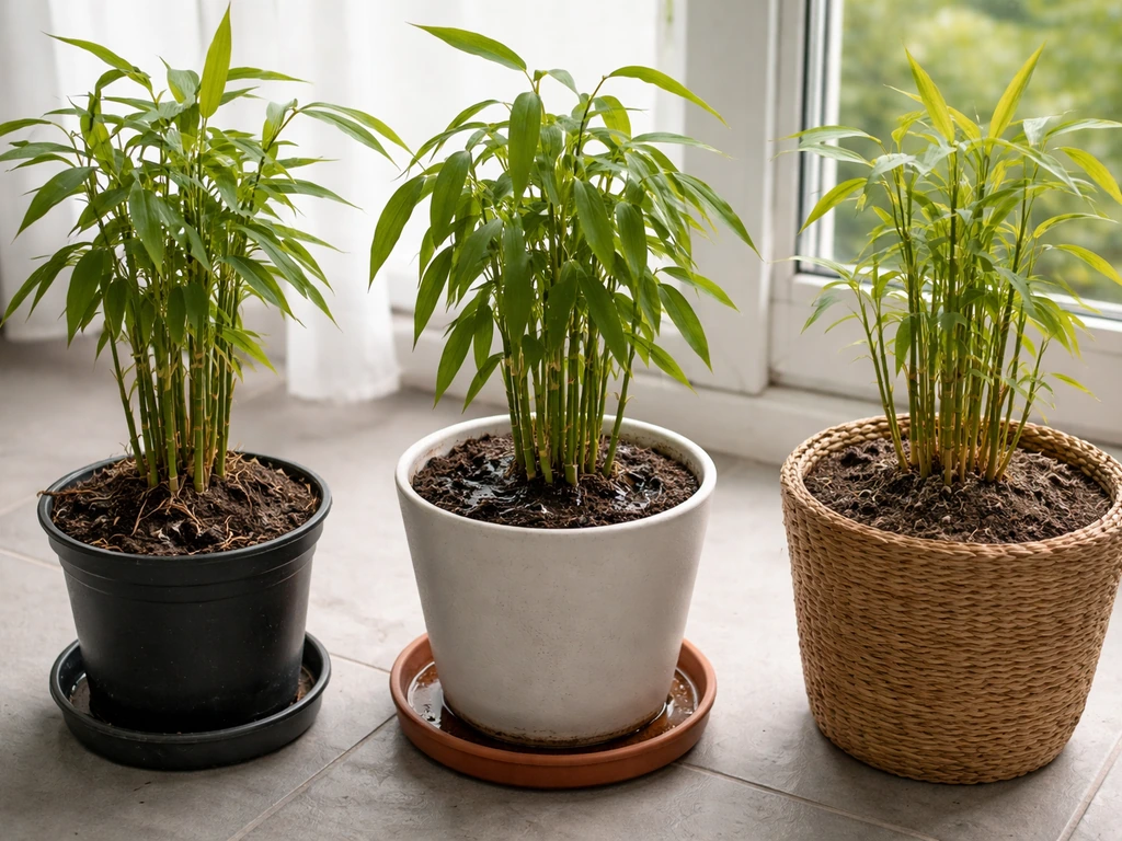 Three potted bamboo plants showing different problems: small pot, compact soil, and underfeeding.