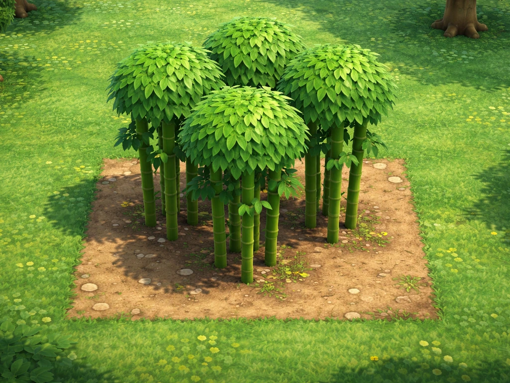 Top-down view of a healthy bamboo patch on an ACNH island, surrounded by grass and dirt tiles.