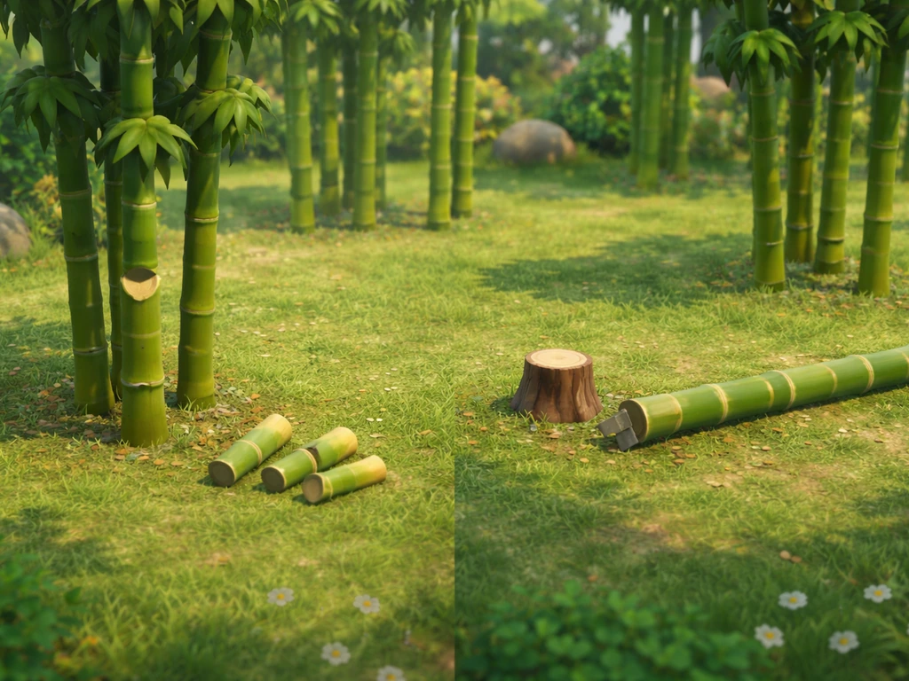 Side-by-side bamboo after flimsy/stone chop vs iron axe full chop—tree stays vs tree removed.