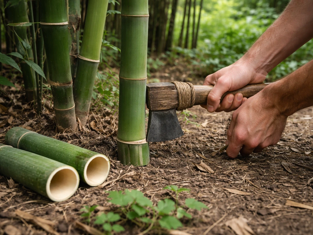 Close view of bamboo stalks being cut with a stone axe in a quiet garden, showing fresh cut pieces nearby.