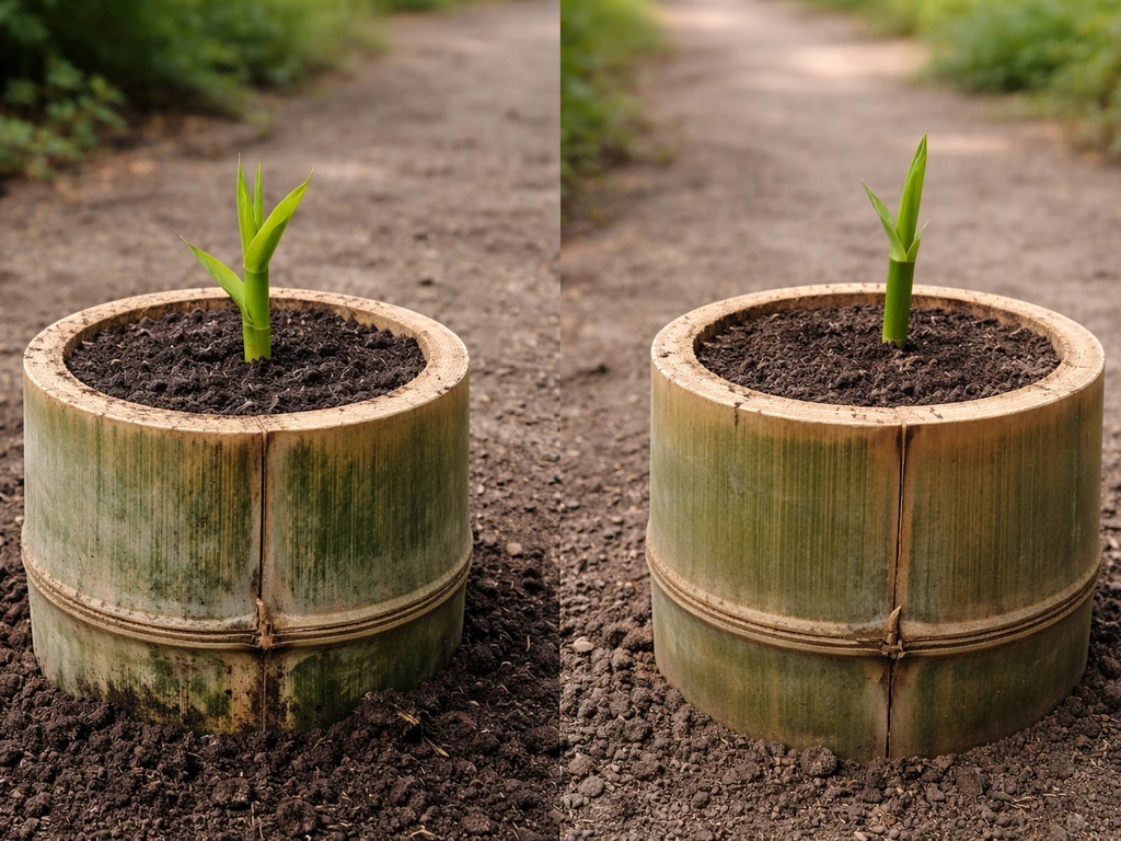 Two bamboo planters side by side showing fresh shoots emerging from soil.