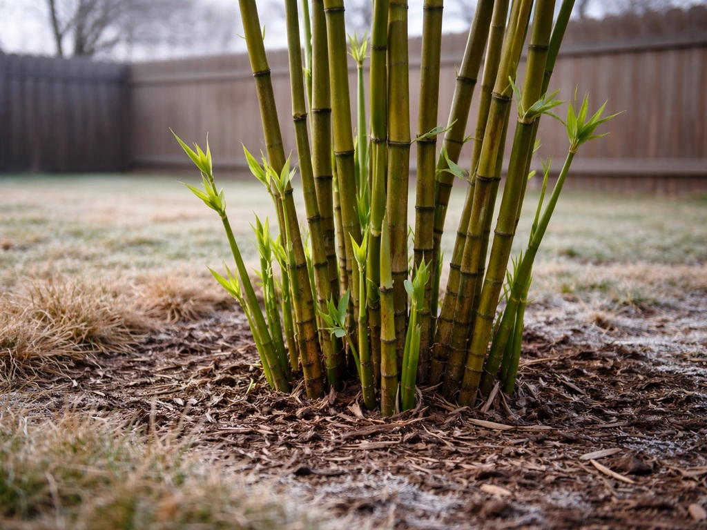 Cold-hardy bamboo clump with fresh green shoots emerging in a winter-worn Kansas backyard.