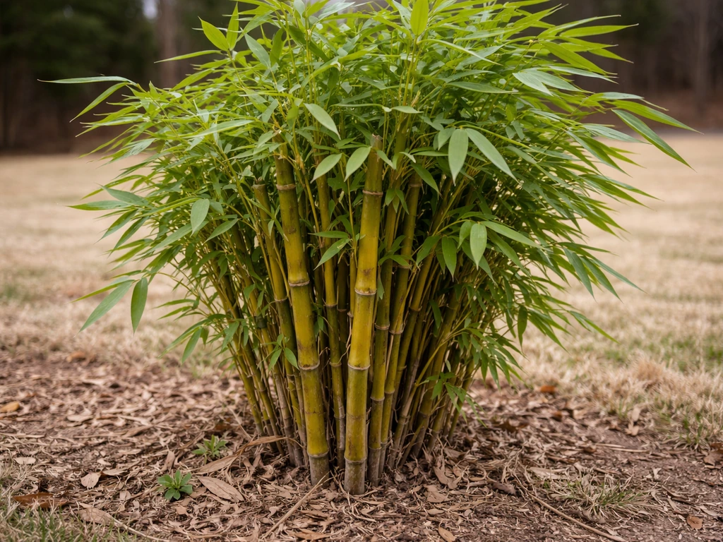 Close-up of yellow-groove bamboo culms and green leaves in a Kansas backyard.