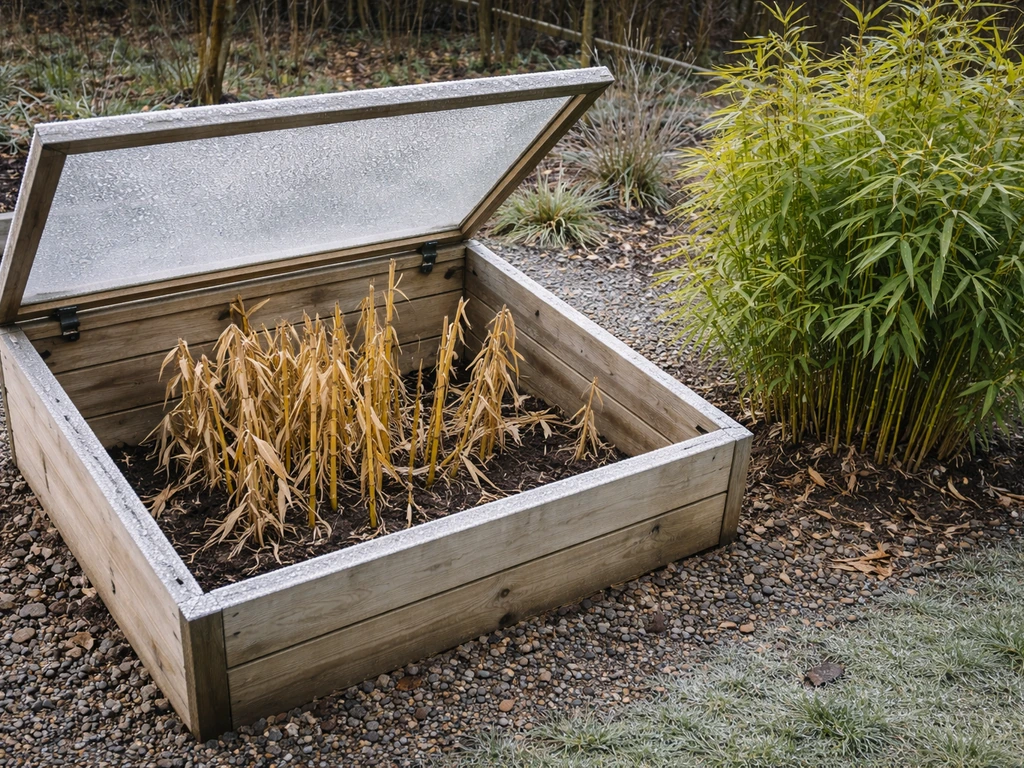 Cold frame with frost-damaged golden bamboo cane beside a healthy hardy bamboo clump