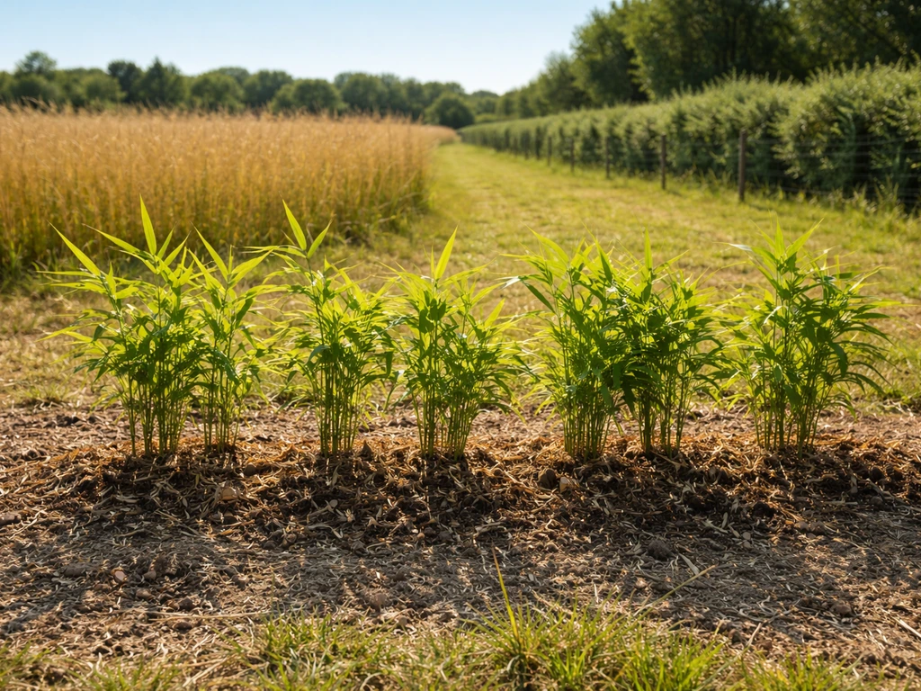 Bamboo planted in full sun beside a low windbreak fence, showing shelter from open Kansas winds.