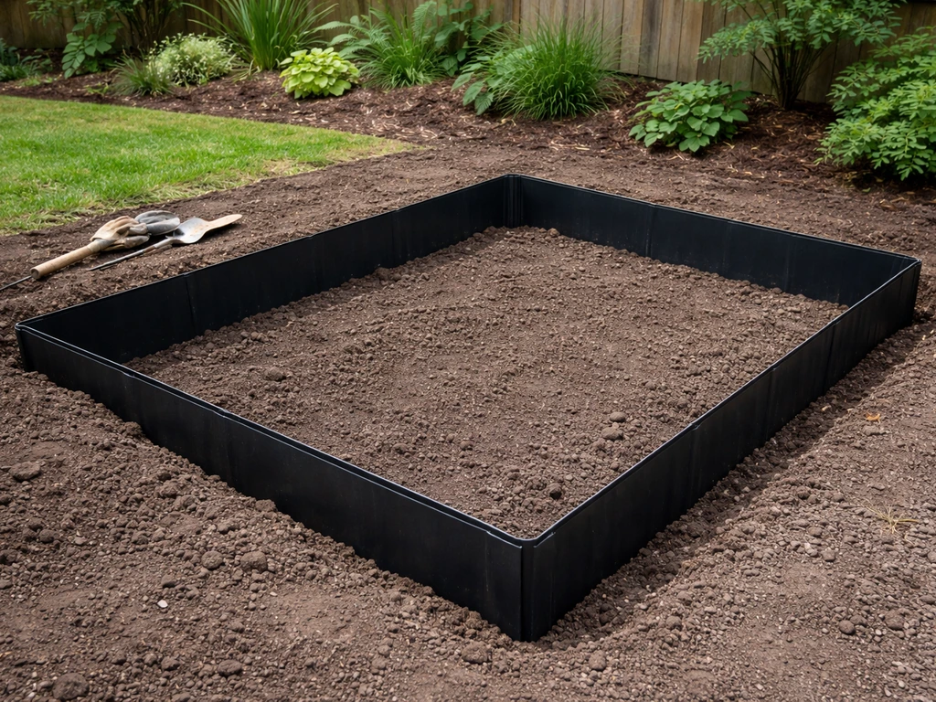 Excavated trench for bamboo planting with an HDPE rhizome barrier laid continuously around the area