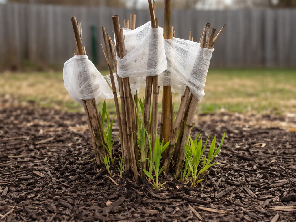 Bamboo canes wrapped for winter beneath mulch, with fresh green shoots visible in early spring.