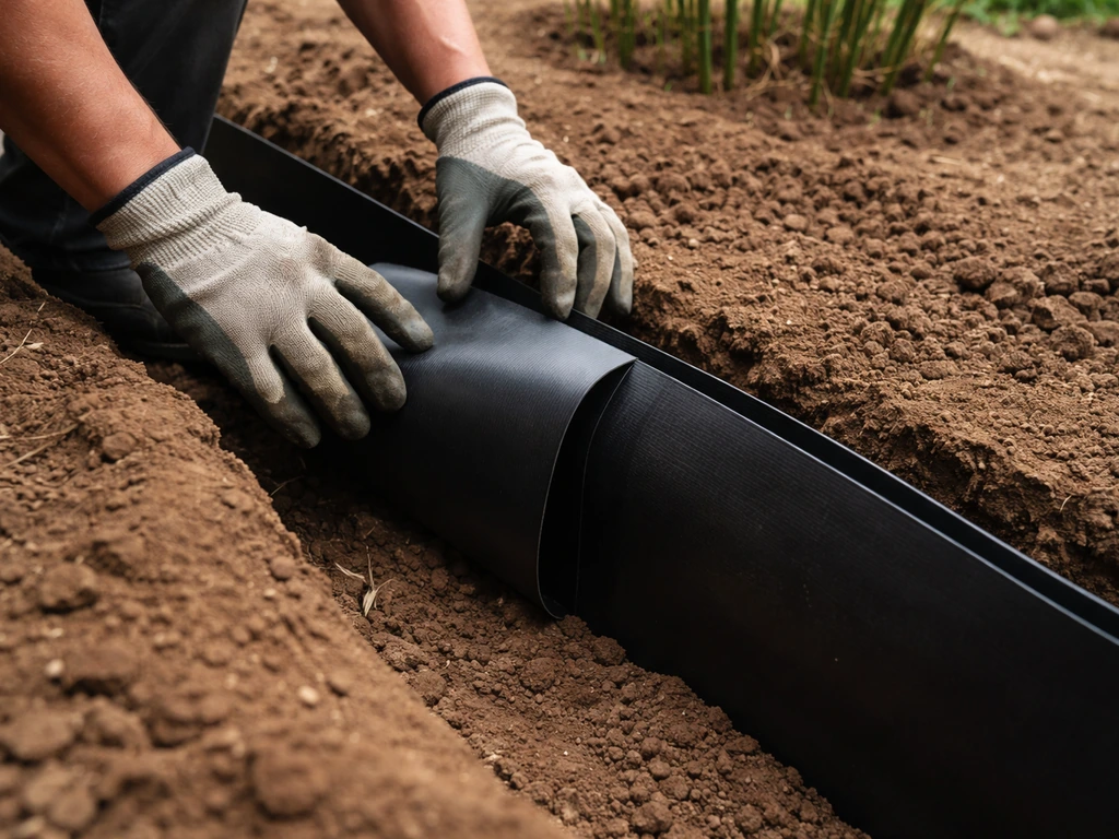 Gloved hands installing and overlapping an HDPE rhizome barrier in a bamboo containment trench.