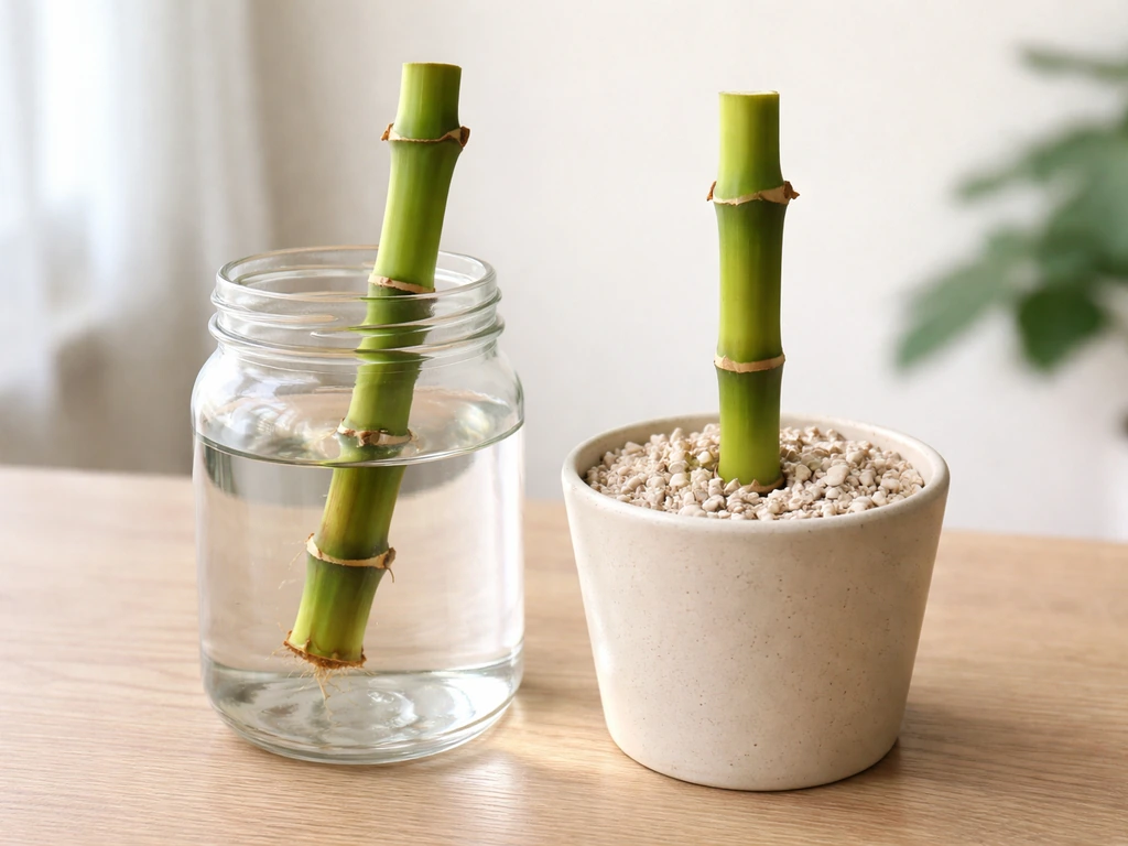 Two bamboo cuttings—one in water jar, one in soil/perlite—set up to show rooting potential.