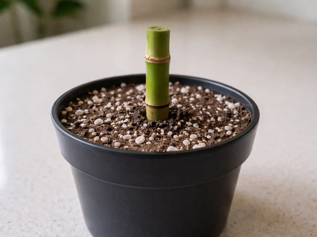 Close-up of a small pot with 1:1 soil and perlite mix and a bamboo cutting inserted for rooting.