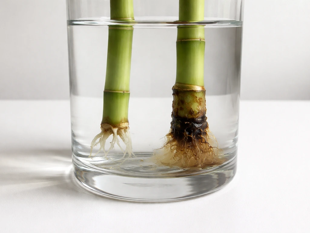 Two small lucky bamboo cuttings in water—one with pale roots, one with dark mushy rotting base.
