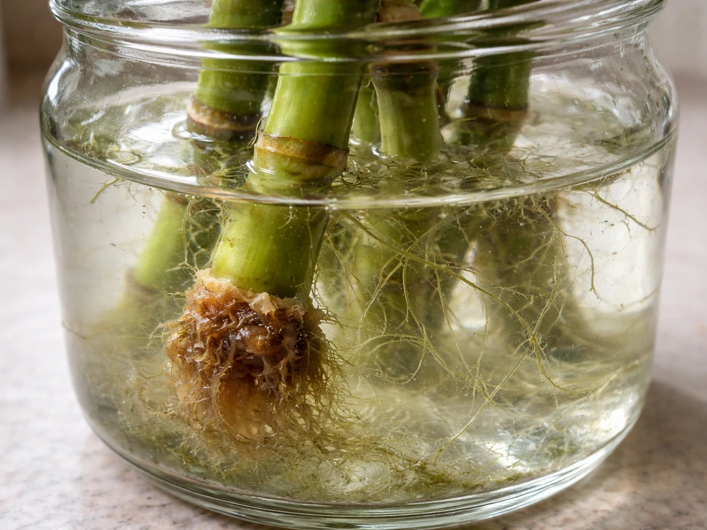 Close-up of water-filled container with lucky bamboo cuttings showing brown slime and stringy algae