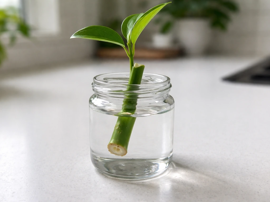 A freshly trimmed green plant cutting with a healthy node placed into a clear jar for re-rooting.