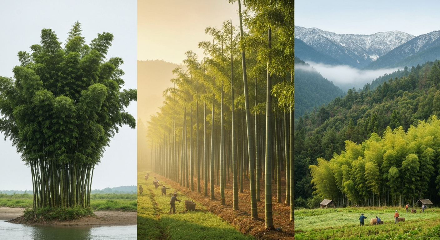 Panoramic composite of Chinese bamboo habitats: coastal Bambusa, mid-elevation Phyllostachys plantation, and high-altitude Fargesia forest on mountain slopes.
