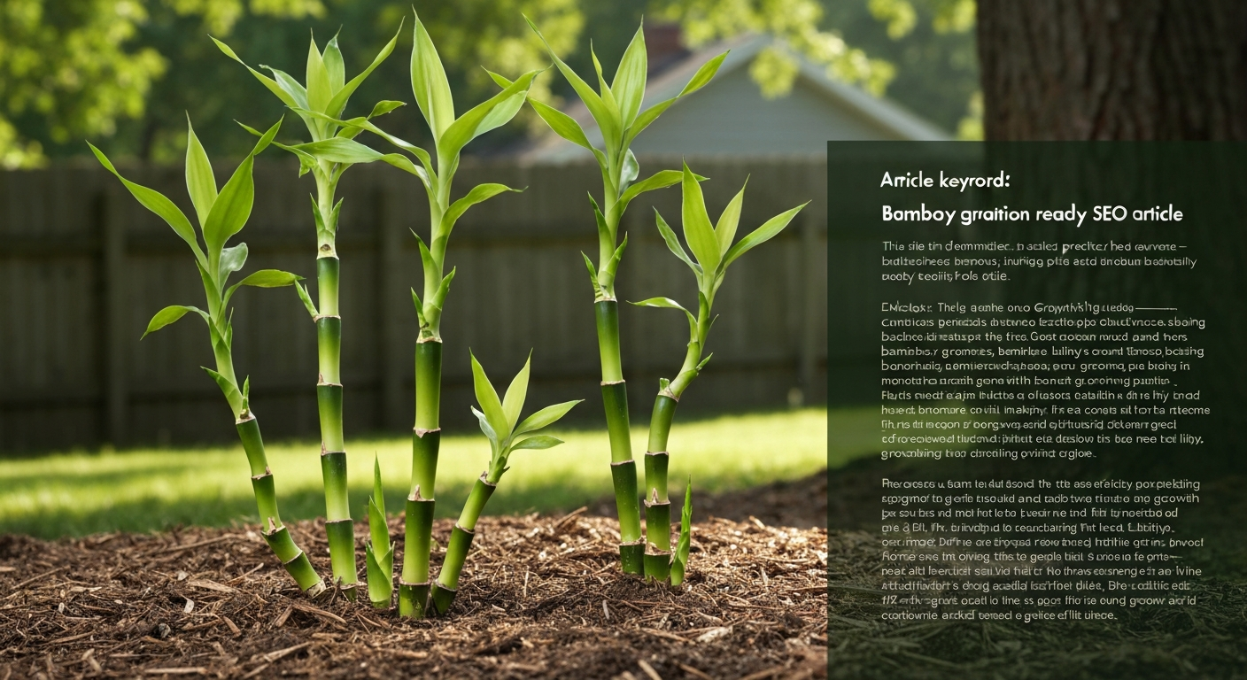 Lucky bamboo (Dracaena sanderiana) with multiple segmented cane stems and leaves growing in a shaded garden bed, showing new shoots at nodes.