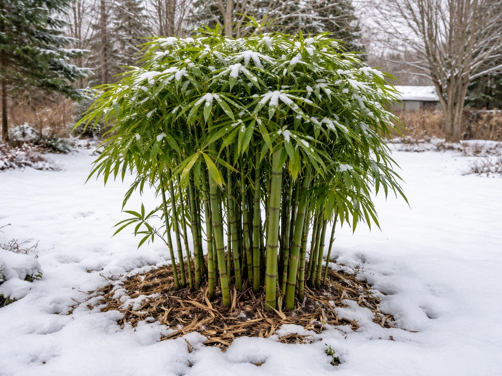 Cold-hardy clumping bamboo with visible culms in a snowy New England garden, covered with winter mulch.