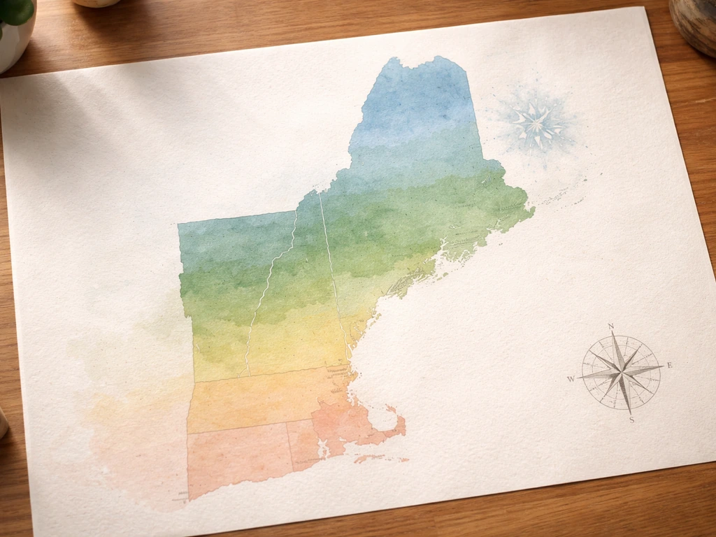 Minimal overhead photo of a New England map with translucent zone-like bands showing colder to warmer areas.