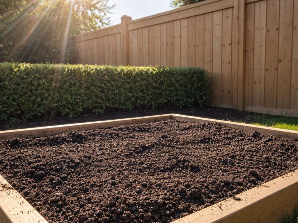 Sunlit raised garden bed with textured soil, wind-sheltering hedge and fence in the background.