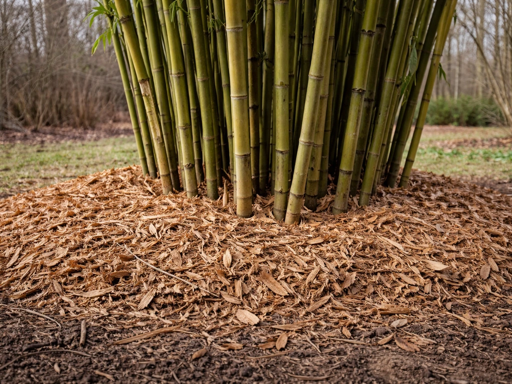 Mature bamboo in a winter garden protected by a thick 4–6 inch mulch layer at its base.