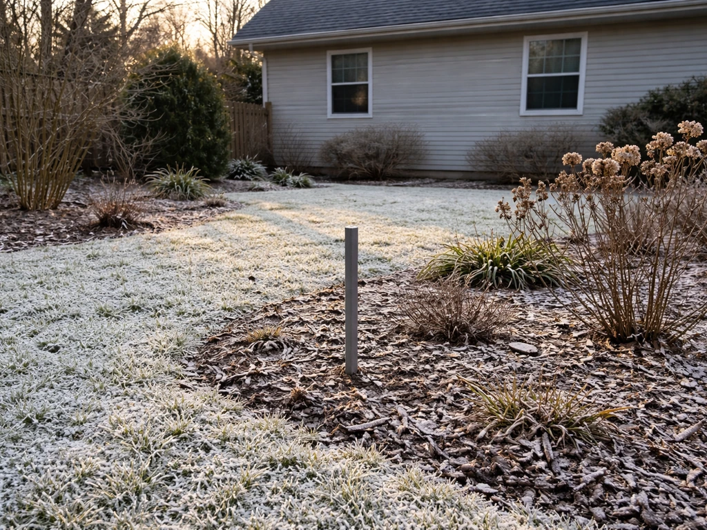 Snow-dusted Pennsylvania backyard garden with frosty ground and a small thermometer-style frost marker detail