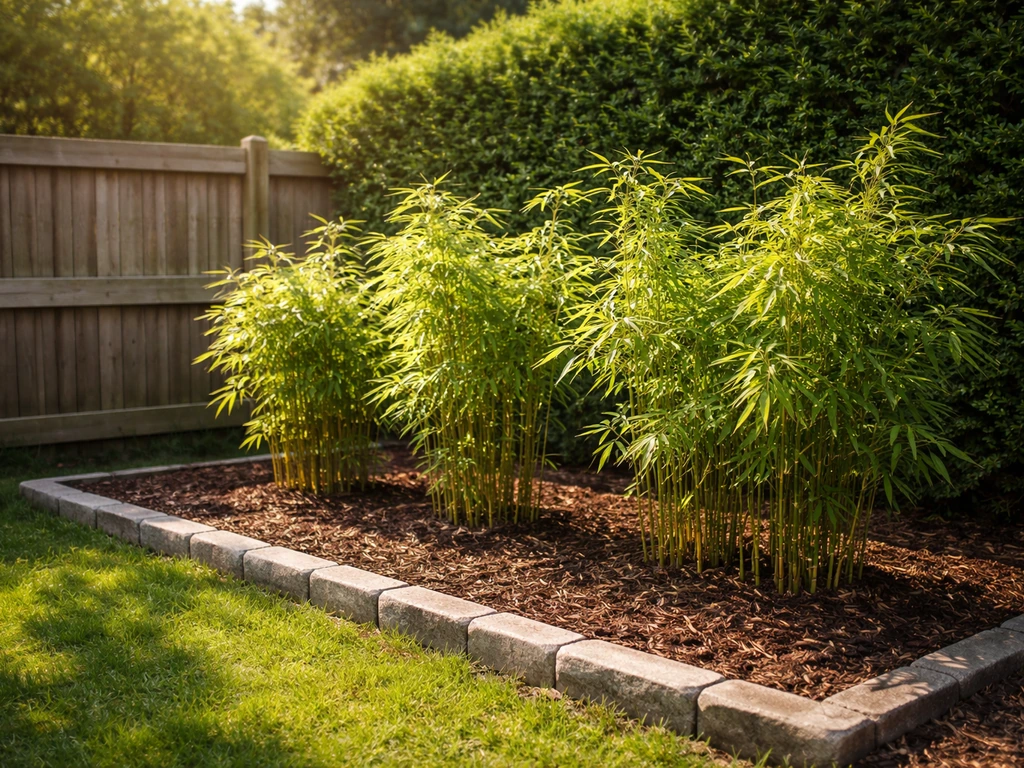 Bamboo bed with angled sunlight and a nearby windbreak fence/hedge in a simple garden setting.