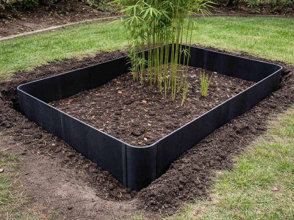 A trench with an upright HDPE rhizome barrier forming a perimeter around young running bamboo.