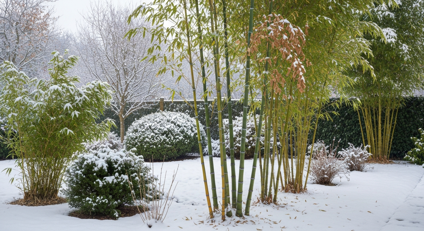 Bamboo clumps and taller culms in a snowy garden, showing snow on the ground and on culms.