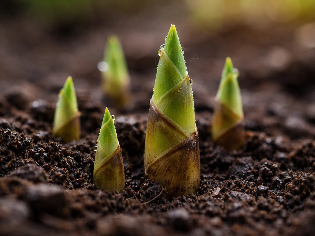 Fresh bamboo shoots emerging from moist soil in early spring, focused on new growth.
