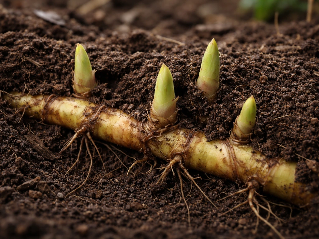 Close-up of bamboo rhizome buds pushing through soil as small shoots emerge above ground.